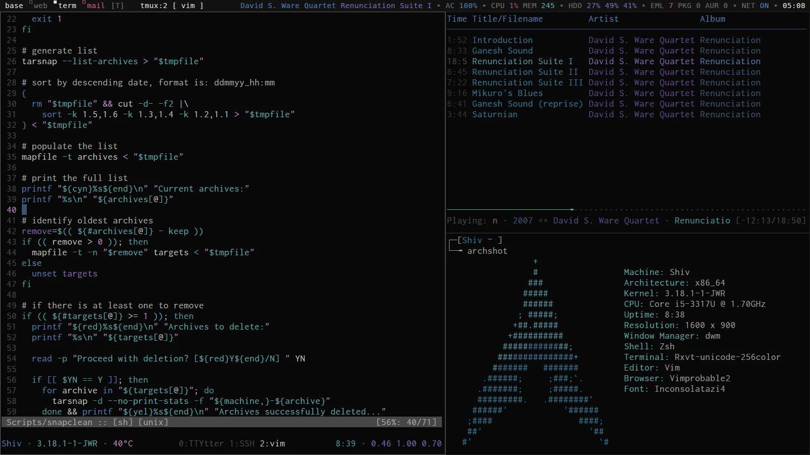 Tmux running with multiple panes.